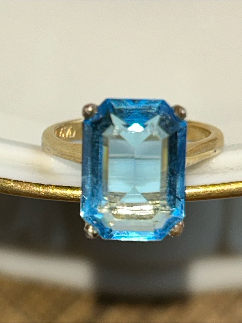 Blue Topaz Ring Emerald Cushion Cut Cocktail Ring - Gold Tone Square Size 6